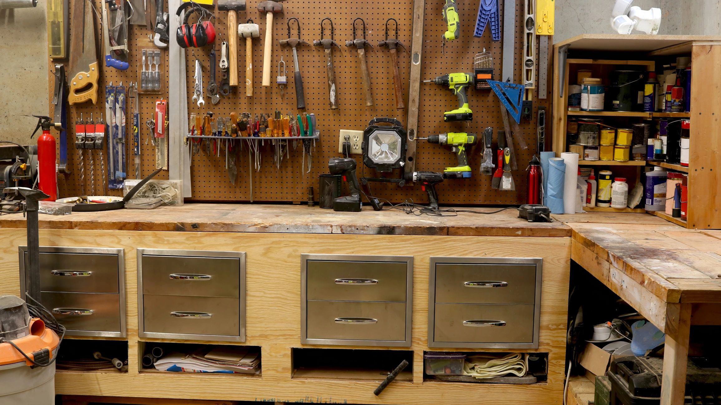Organized home repair tools on a workbench